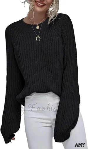 Amy Fashion - Womens Crew Neck Pullover Oversized Sweater