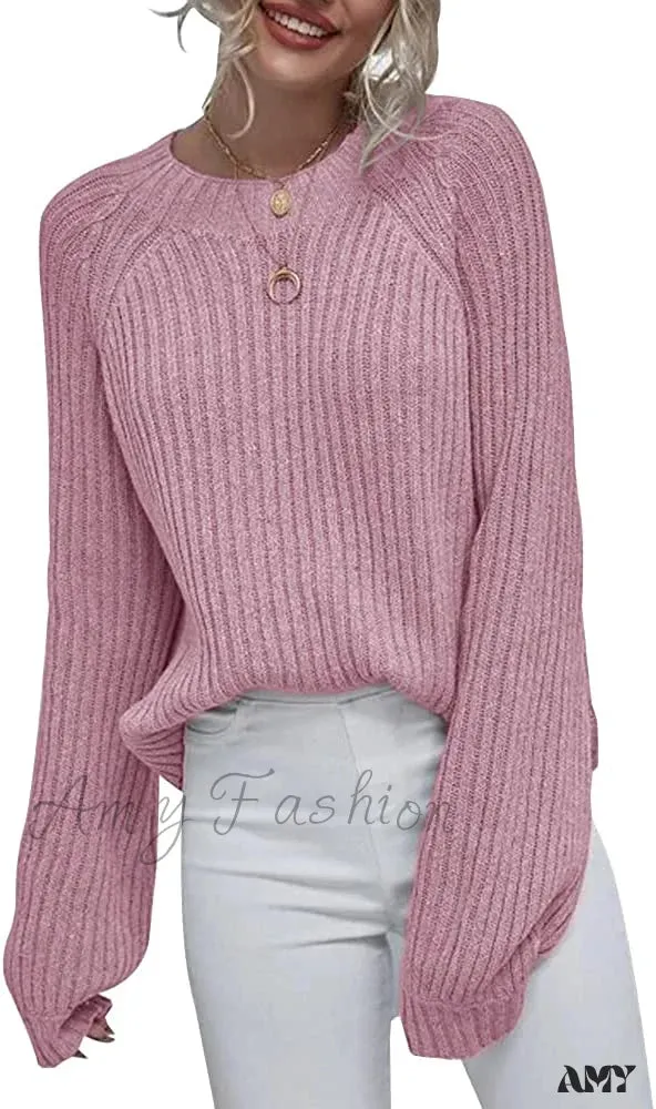 Amy Fashion - Womens Crew Neck Pullover Oversized Sweater