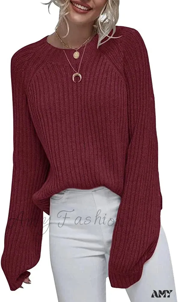 Amy Fashion - Womens Crew Neck Pullover Oversized Sweater