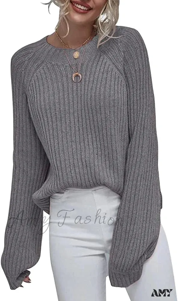 Amy Fashion - Womens Crew Neck Pullover Oversized Sweater