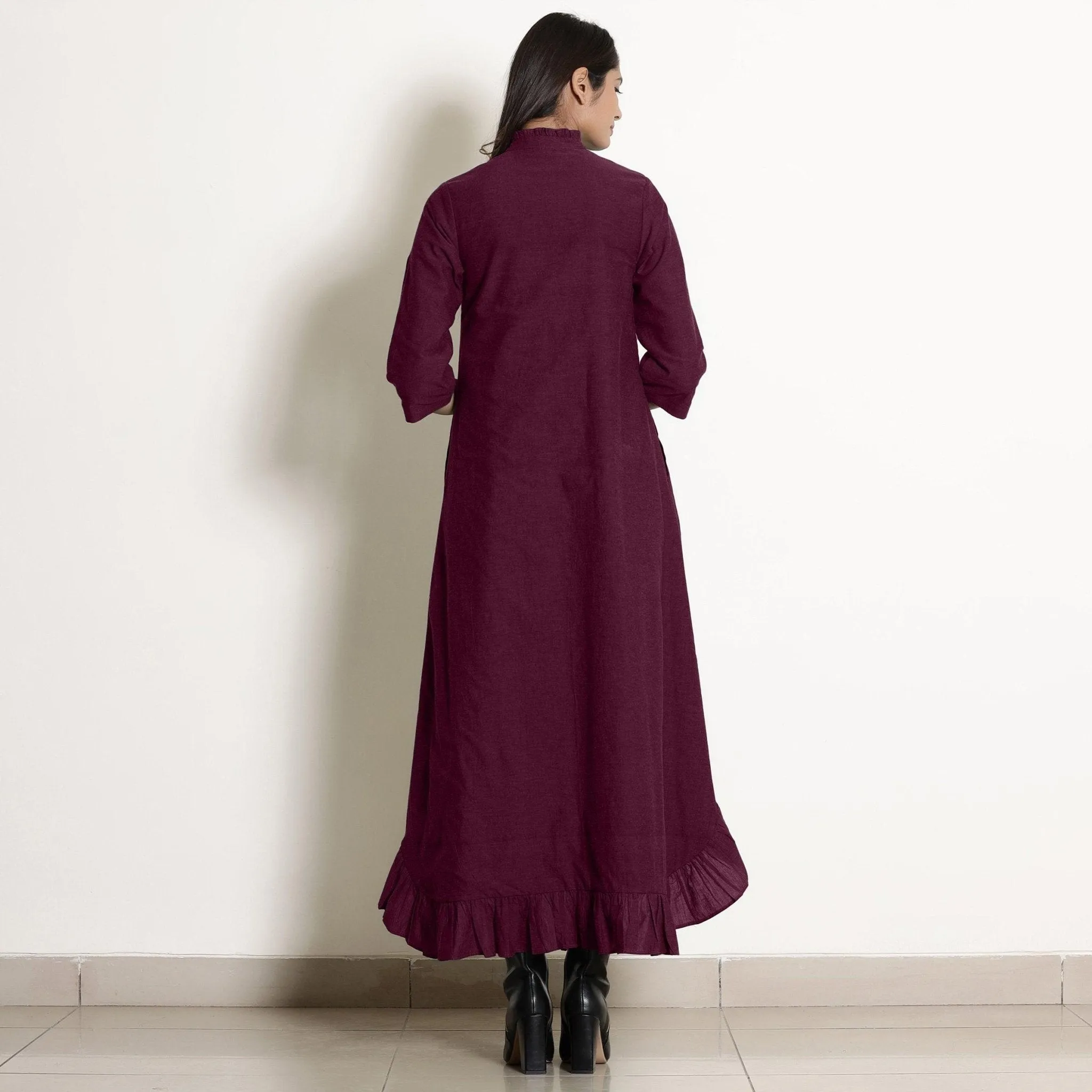 Berry Wine Warm Cotton Frilled Neck Ankle Length Dress