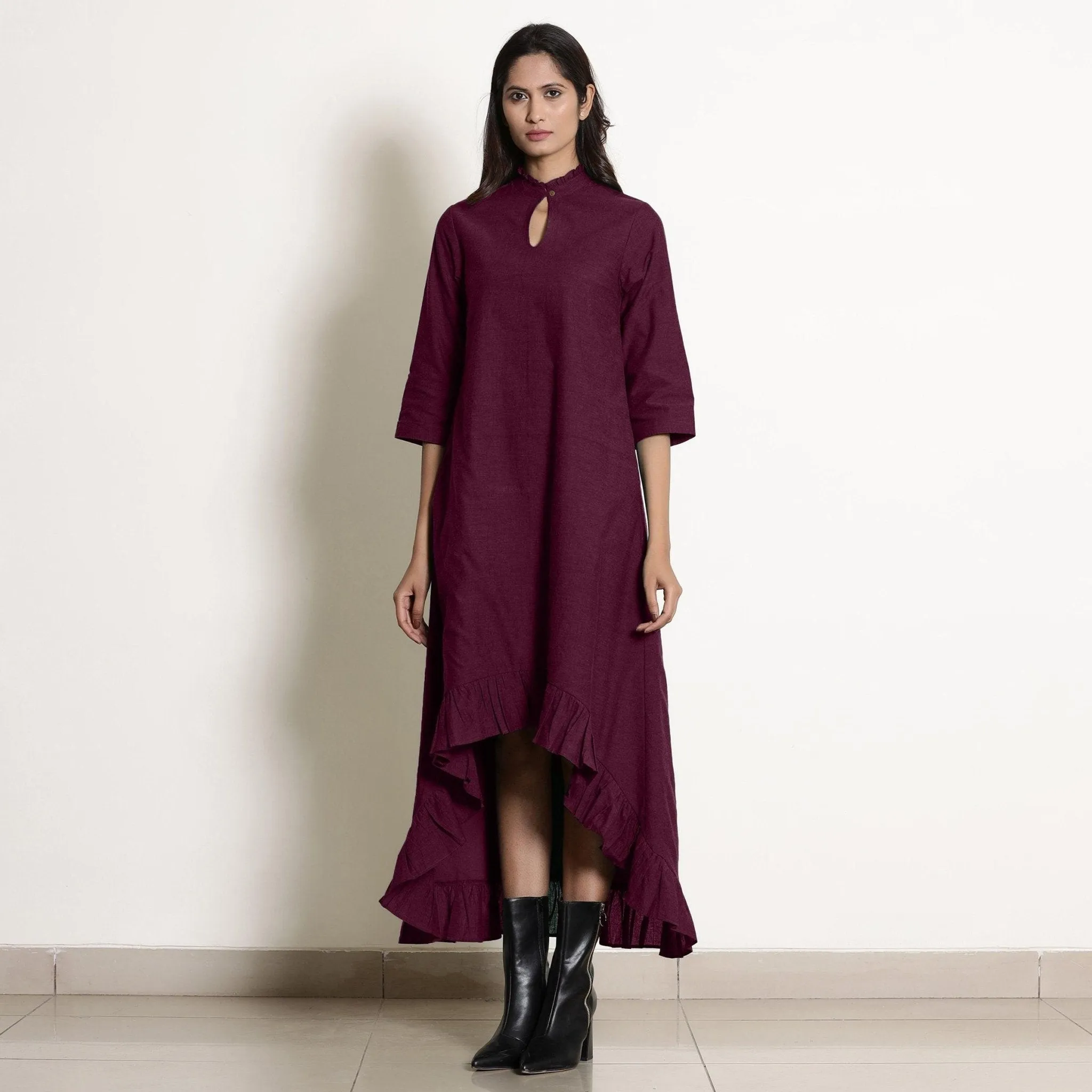Berry Wine Warm Cotton Frilled Neck Ankle Length Dress
