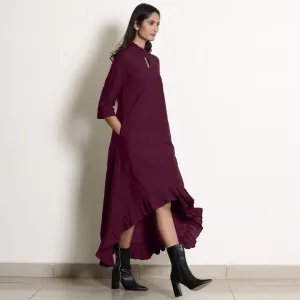Berry Wine Warm Cotton Frilled Neck Ankle Length Dress