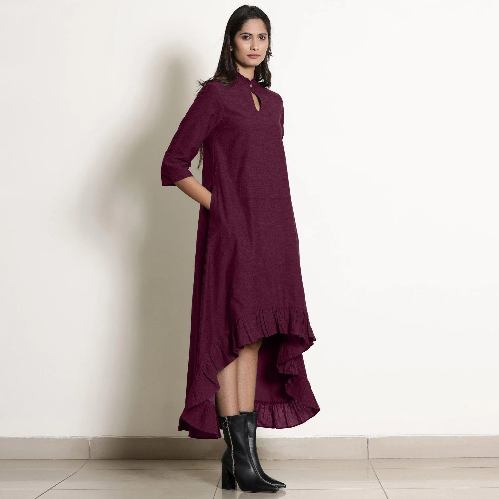 Berry Wine Warm Cotton Frilled Neck Ankle Length Dress
