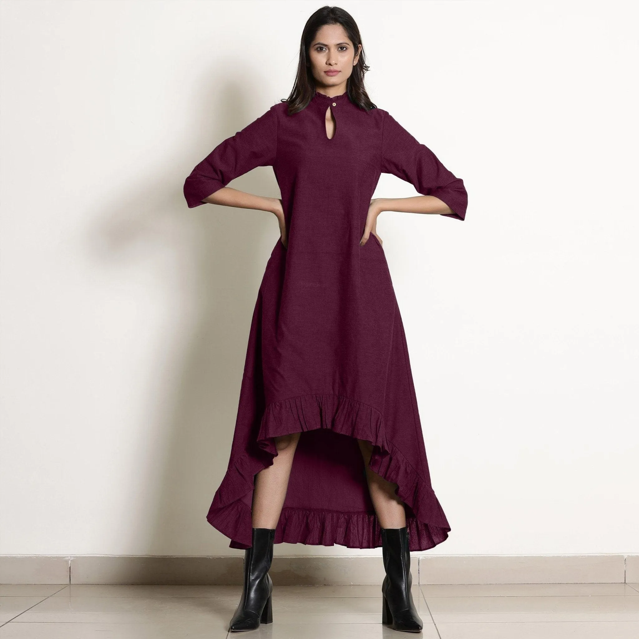 Berry Wine Warm Cotton Frilled Neck Ankle Length Dress