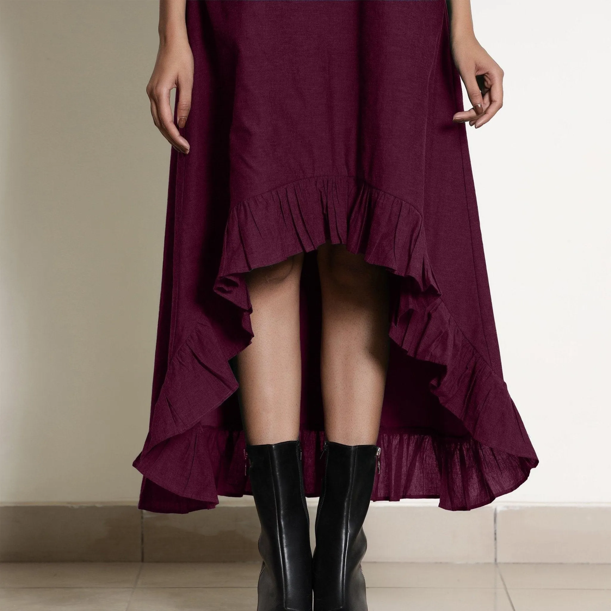 Berry Wine Warm Cotton Frilled Neck Ankle Length Dress