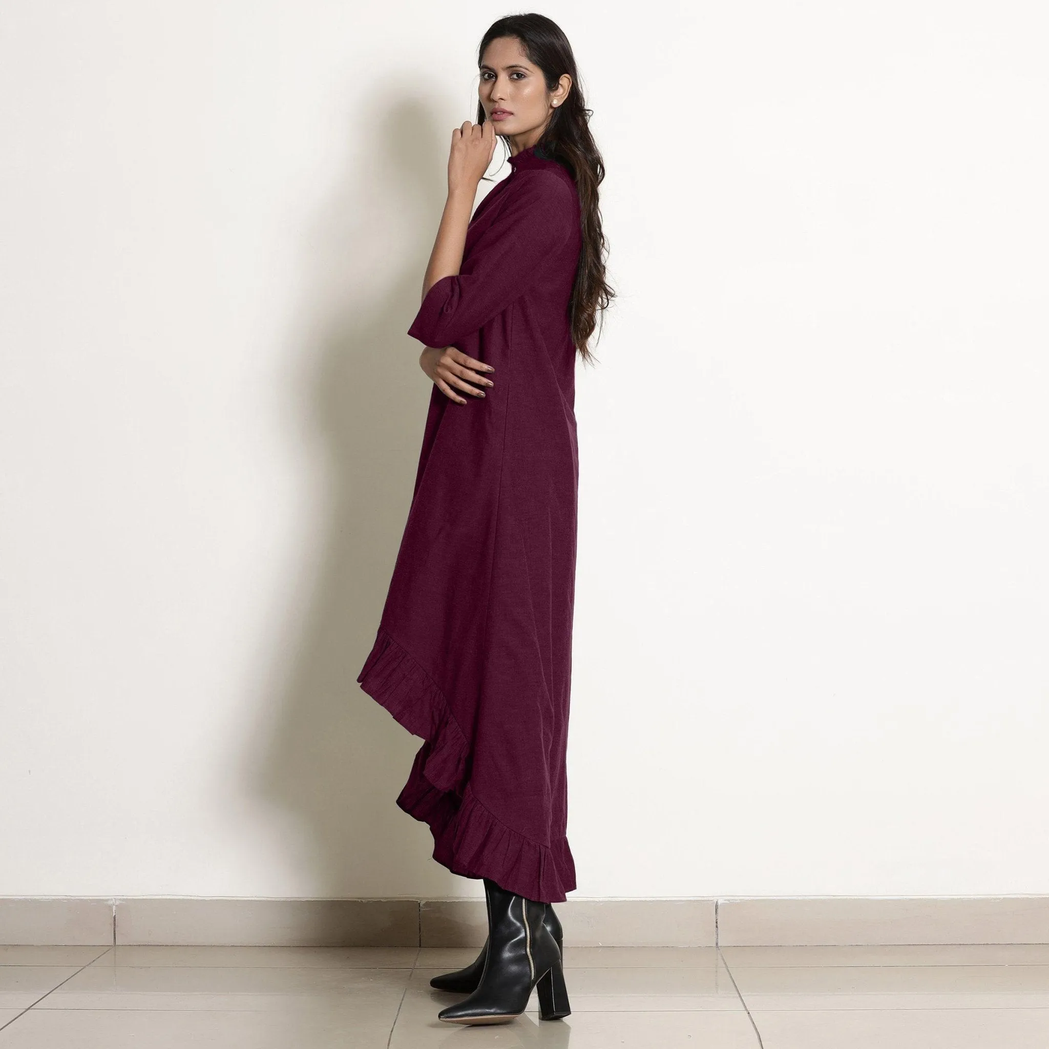 Berry Wine Warm Cotton Frilled Neck Ankle Length Dress