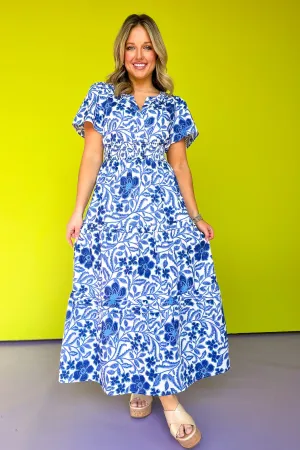 Blue Floral Printed Split Neck Smocked Waist Short Sleeve Maxi Dress