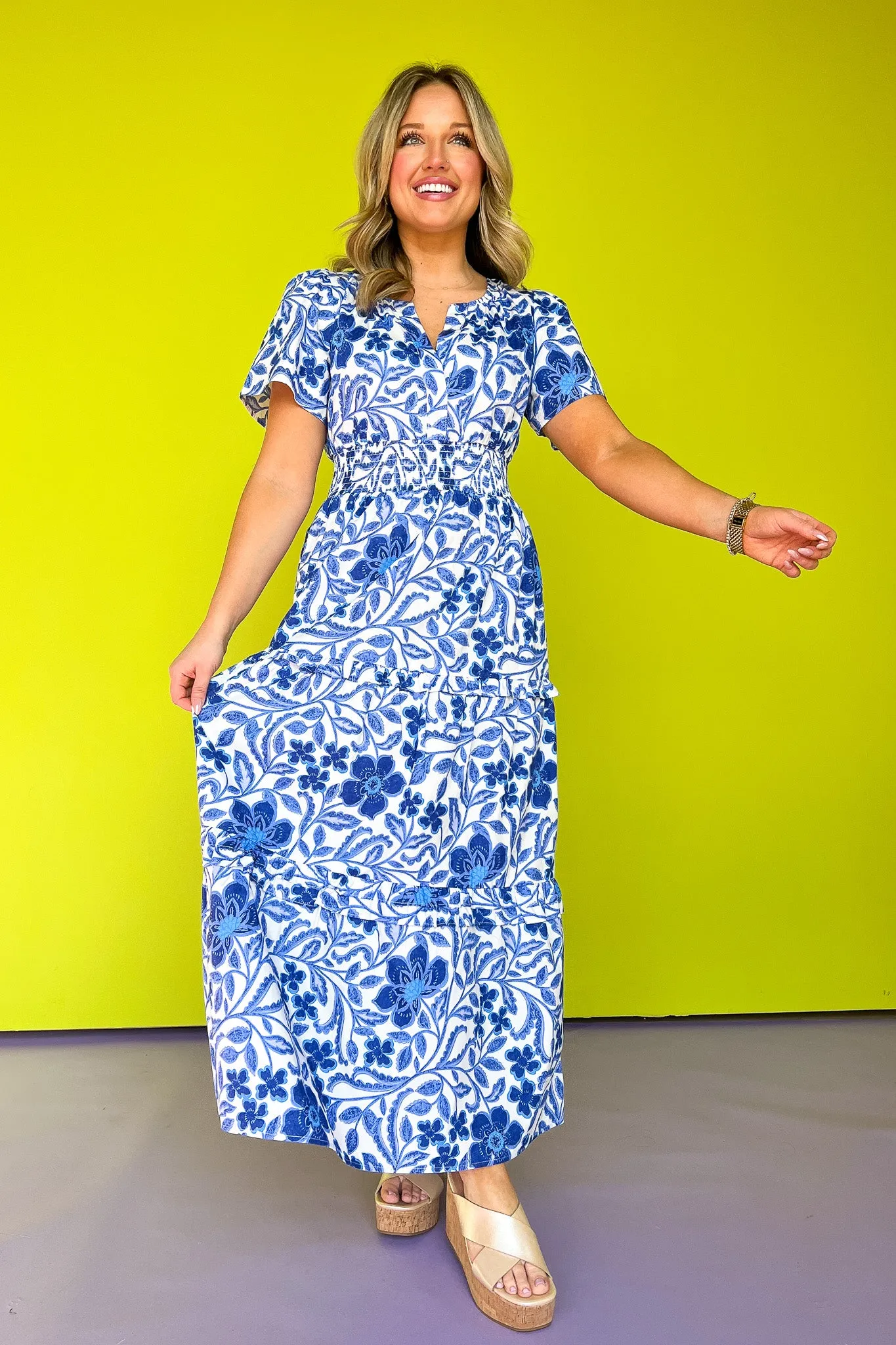 Blue Floral Printed Split Neck Smocked Waist Short Sleeve Maxi Dress