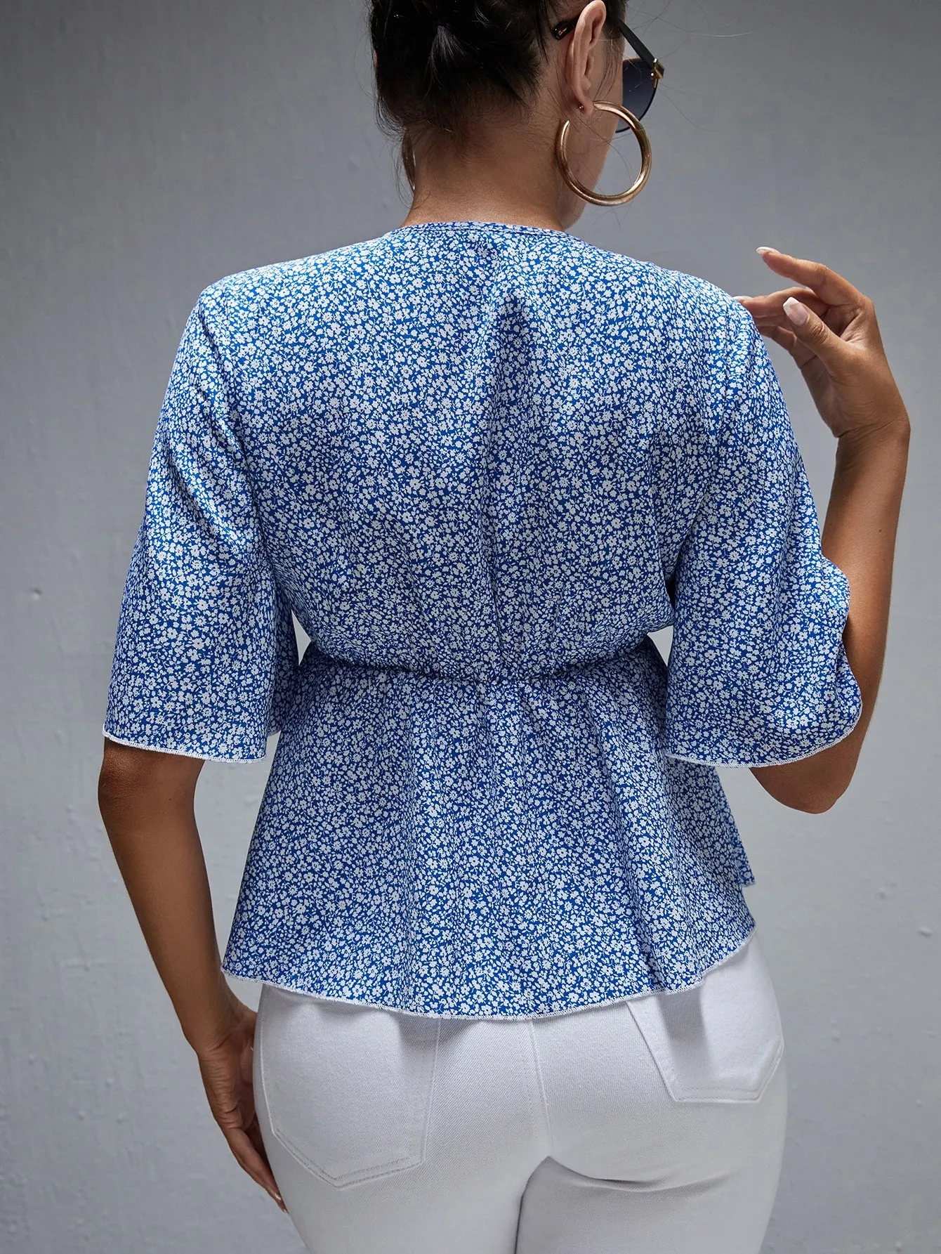Boho Ditsy Floral Wrap Half Sleeve Deep V Neck Regular Blouse