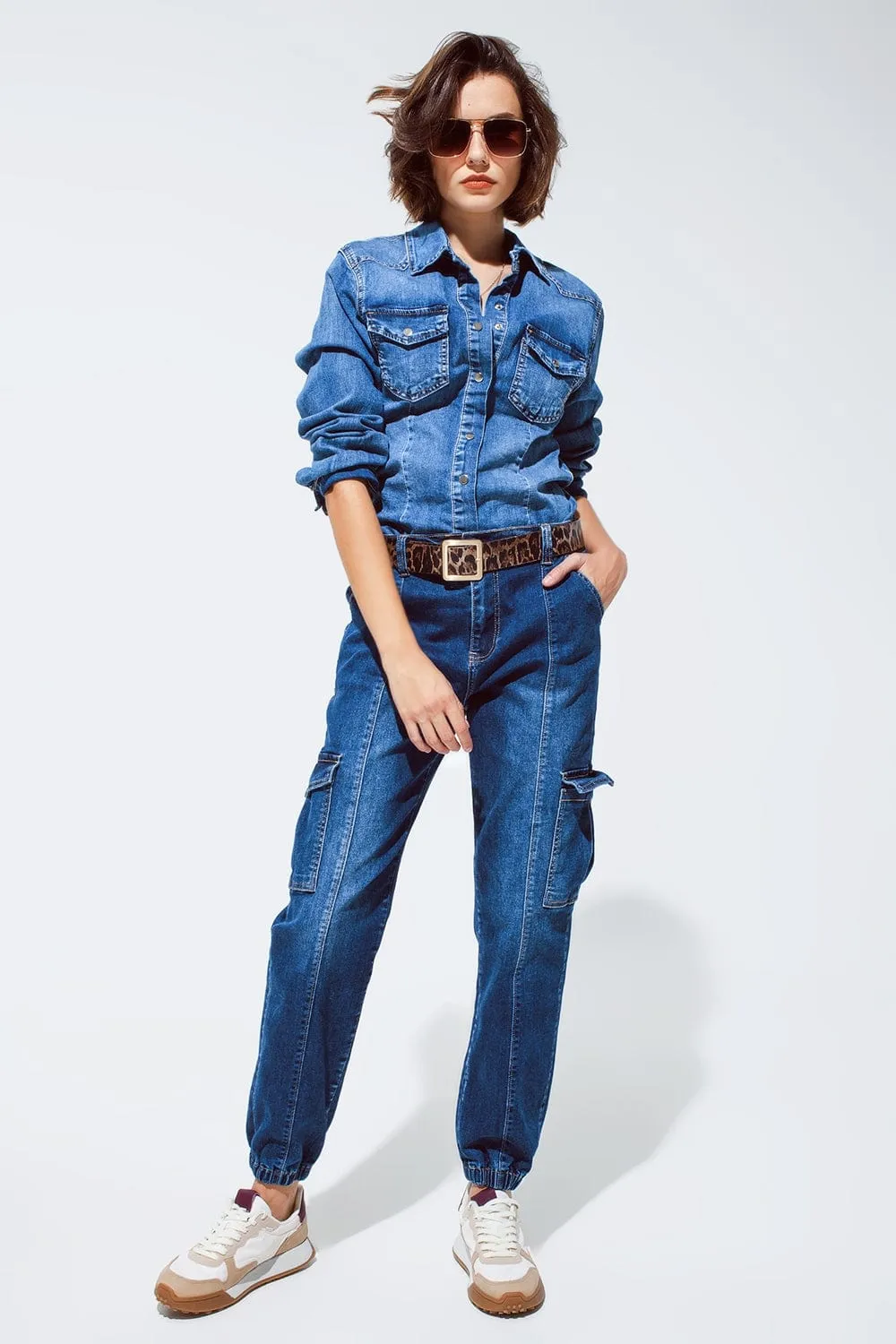 Cargo Style Jeans With Seam Down The Front In Medium Wash