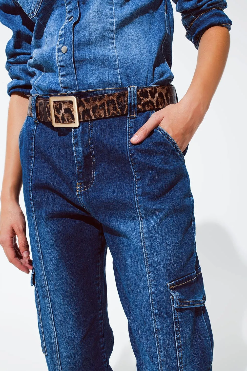 Cargo Style Jeans With Seam Down The Front In Medium Wash