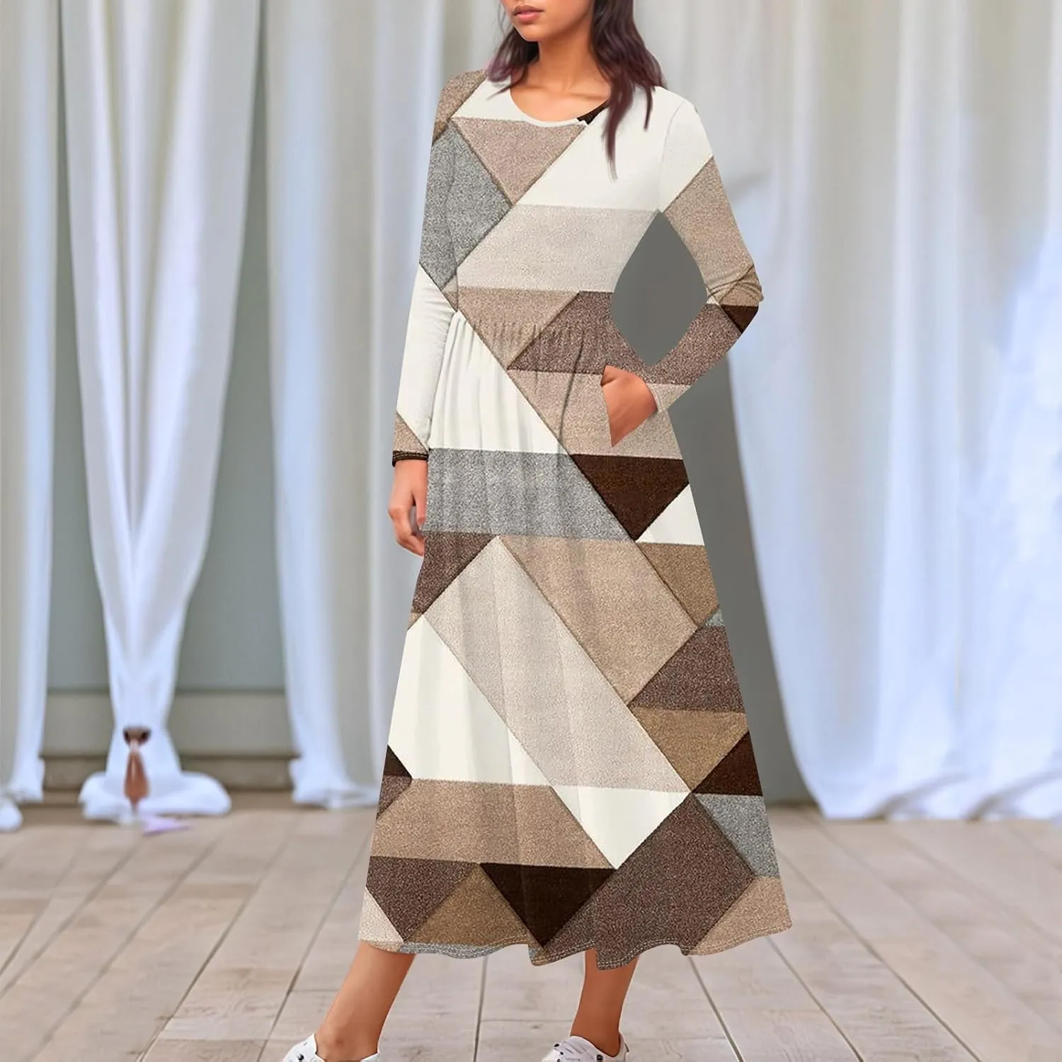 Casual Floral Midi Dresses for Women,Trendy Long Sleeve Smocked Flowy Party Dress Elegant Formal Plus Size Dress