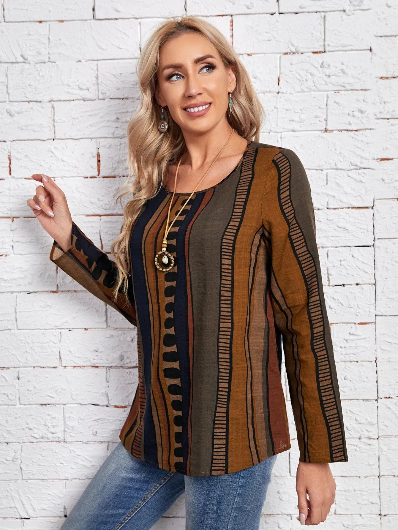 Casual Geometric Long Sleeve Round Neck Regular Blouse