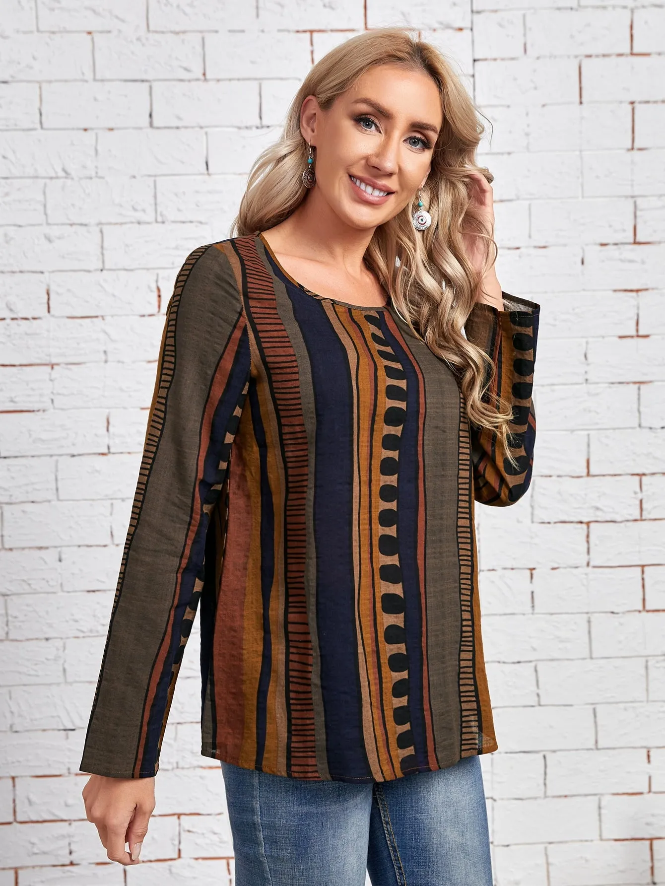 Casual Geometric Long Sleeve Round Neck Regular Blouse