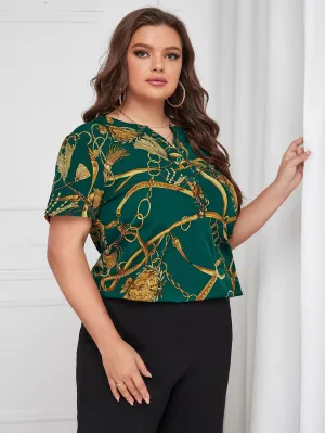 Chain Print Button Short Sleeve Notched Regular Plus Size Blouse