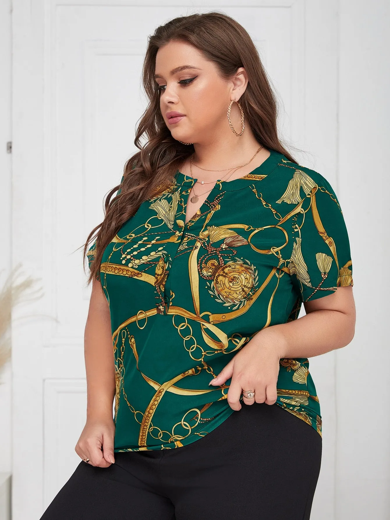 Chain Print Button Short Sleeve Notched Regular Plus Size Blouse