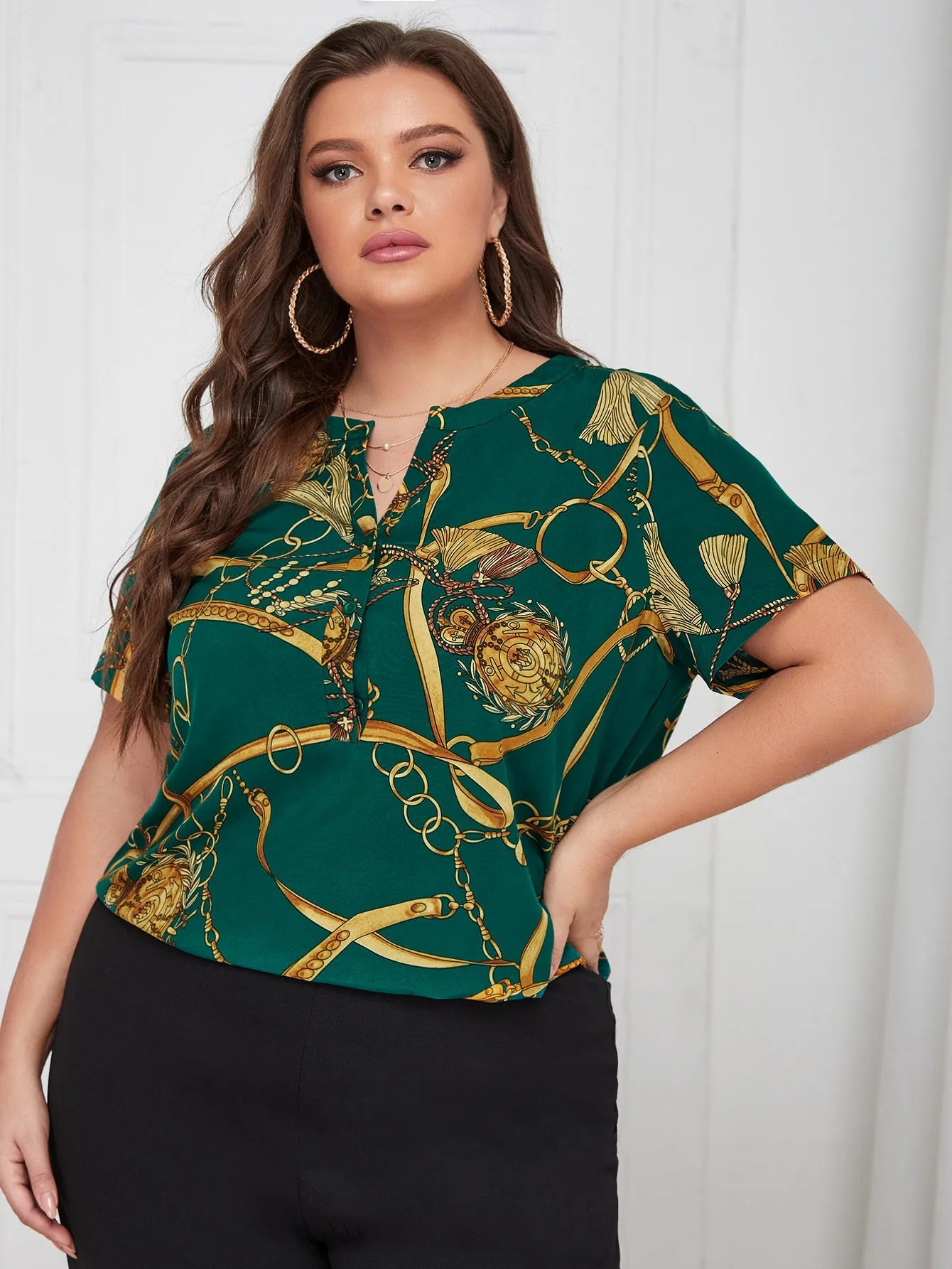 Chain Print Button Short Sleeve Notched Regular Plus Size Blouse
