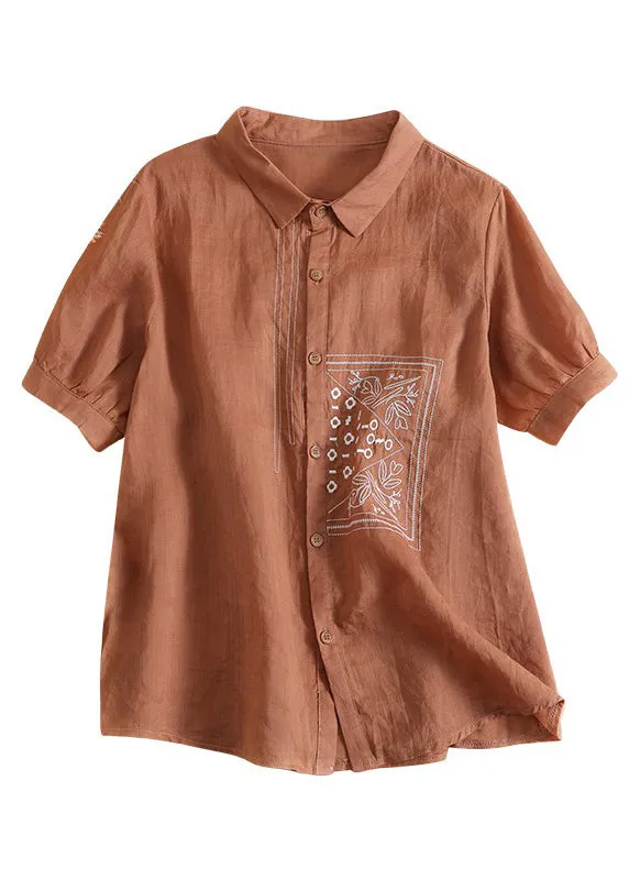 Chic Orange Peter Pan Collar Print Button Solid Linen Shirts Short Sleeve LY4491