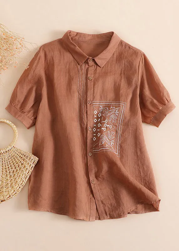 Chic Orange Peter Pan Collar Print Button Solid Linen Shirts Short Sleeve LY4491