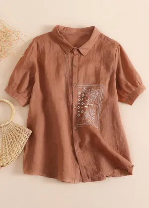 Chic Orange Peter Pan Collar Print Button Solid Linen Shirts Short Sleeve LY4491