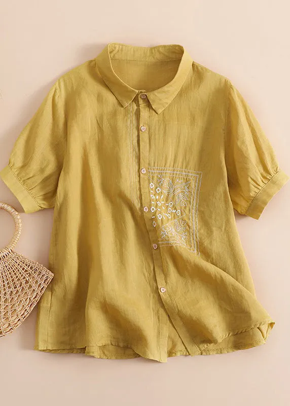 Chic Orange Peter Pan Collar Print Button Solid Linen Shirts Short Sleeve LY4491