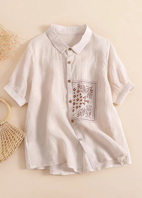 Chic Orange Peter Pan Collar Print Button Solid Linen Shirts Short Sleeve LY4491