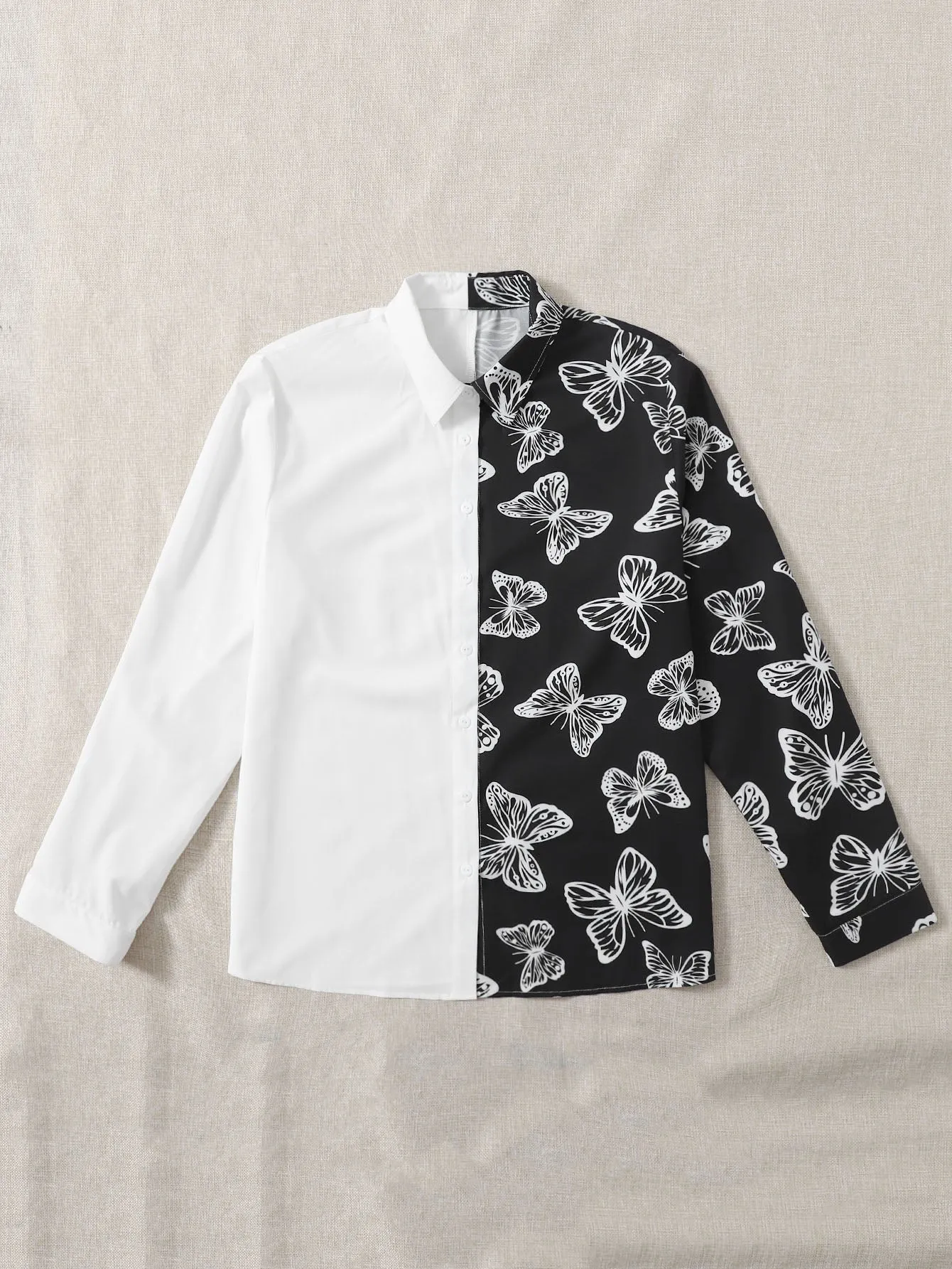 Colorblock Button Long Sleeve Collar Regular Plus Size Blouse