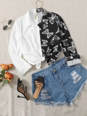 Colorblock Button Long Sleeve Collar Regular Plus Size Blouse