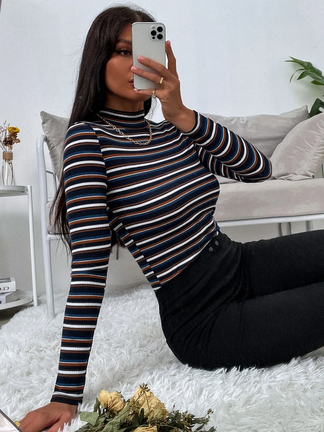 Colorful Striped Mock Neck Tee
