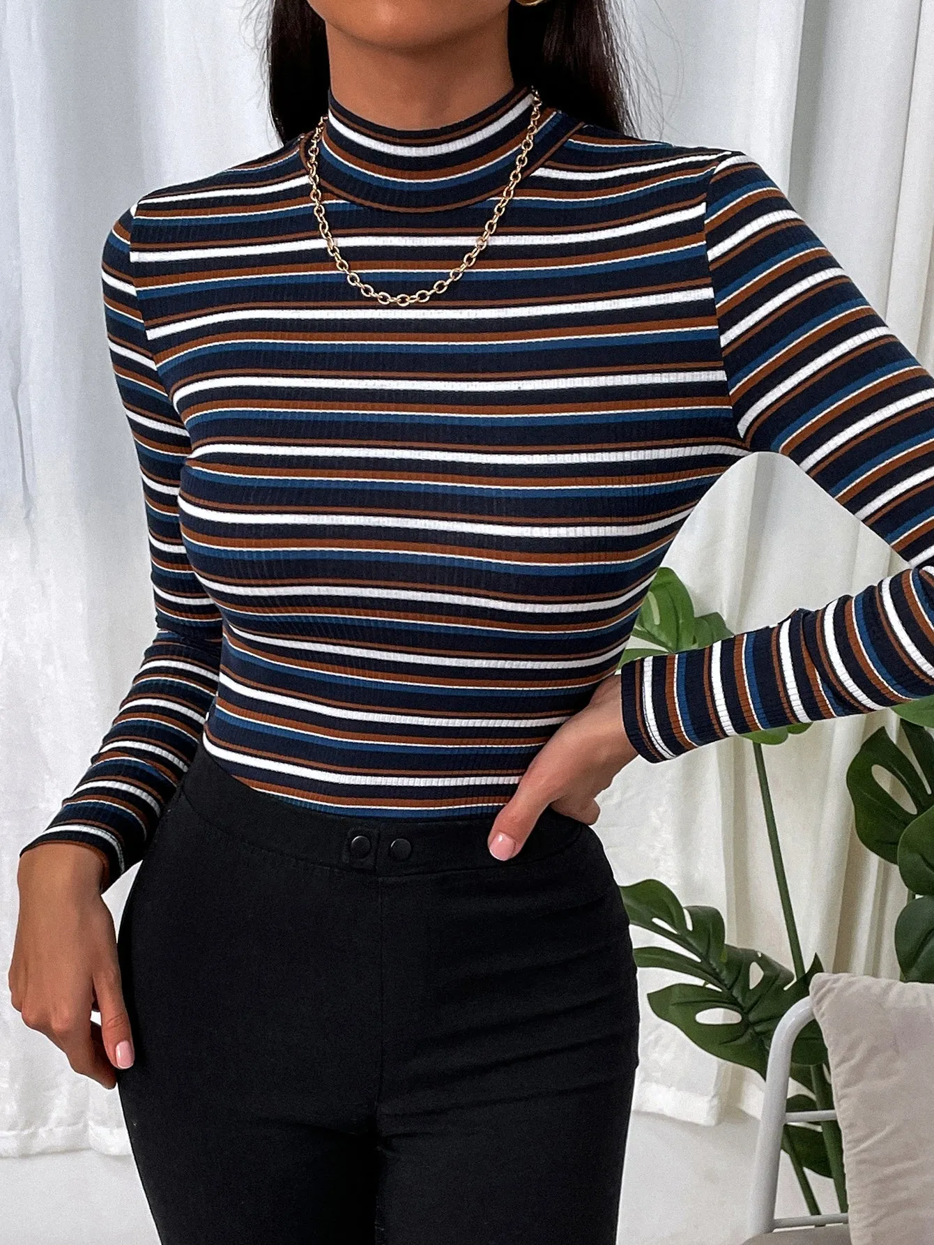 Colorful Striped Mock Neck Tee