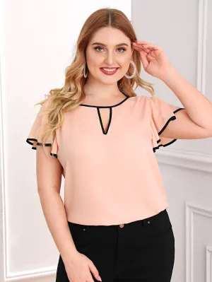 Contrast Binding Short Sleeve Keyhole Neckline Regular Plus Size Blouse