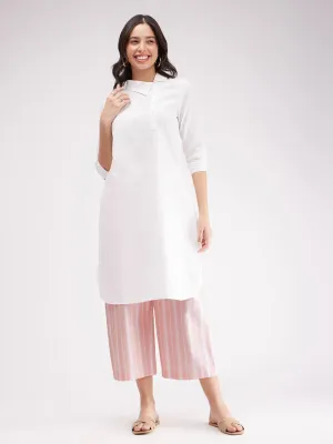 Cotton Solid Kurta Set - White And Pink