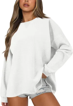 Crewneck Oversized Sweatshirt for Women Waffle Knit Long Sleeve Comfort Hoodie Athleisure Color Block Pullover Sweater
