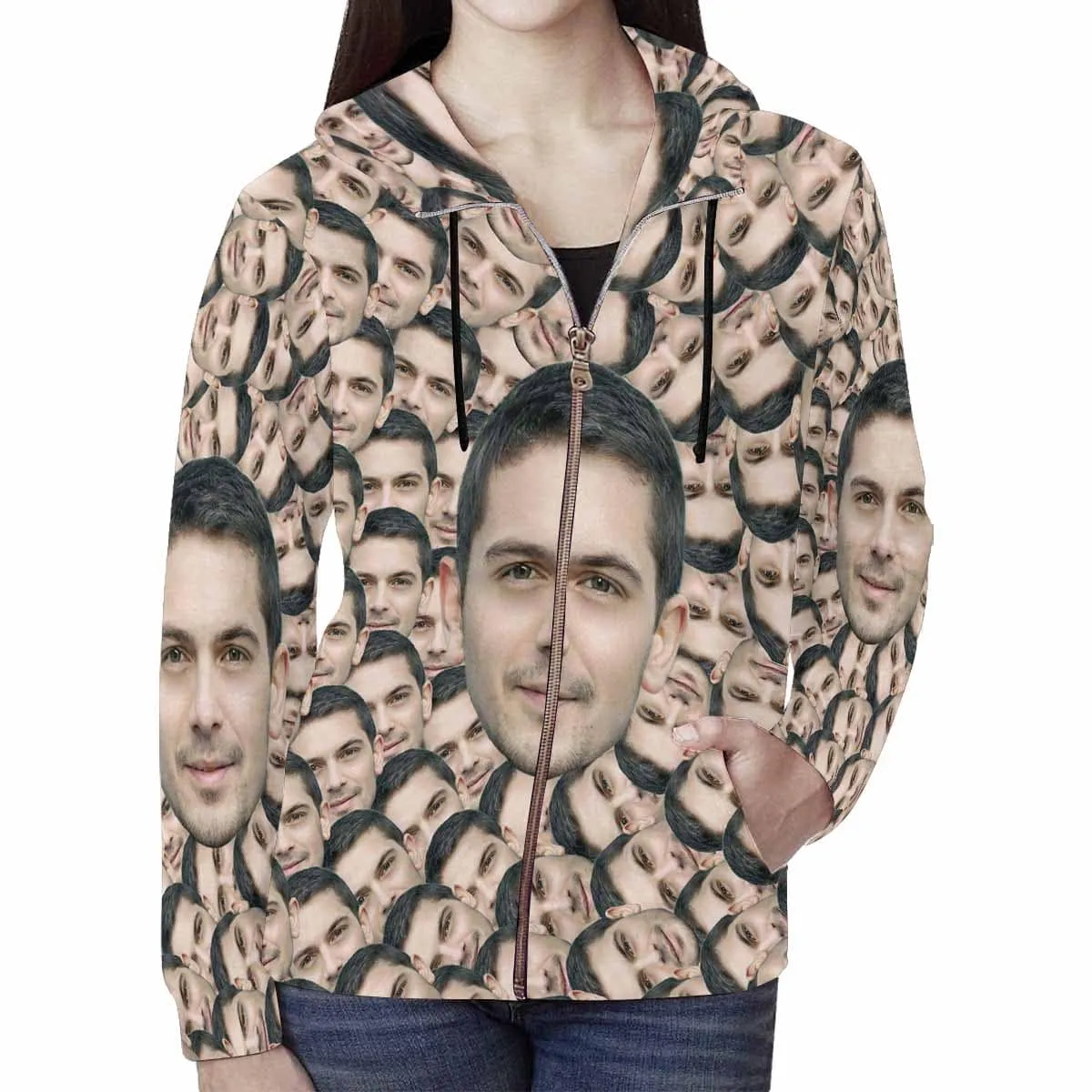 Custom Full Zip Hoodie with Husband Face Seamless Women's All Over Print Loose Hoodie
