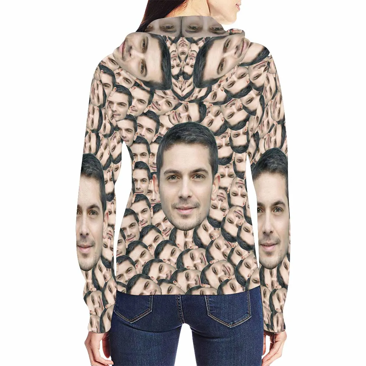 Custom Full Zip Hoodie with Husband Face Seamless Women's All Over Print Loose Hoodie