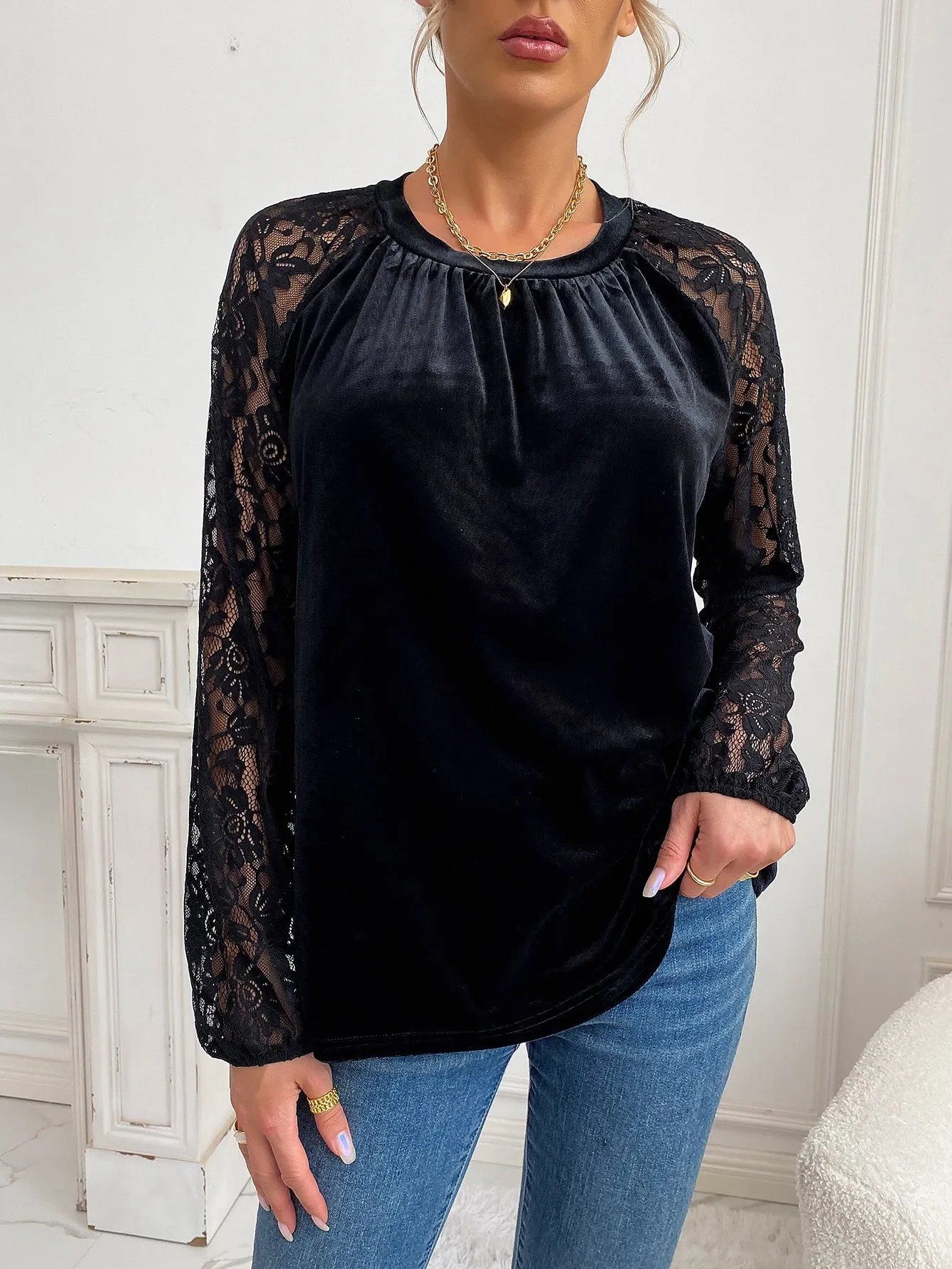 Elegant Plain Contrast Lace Long Sleeve Round Neck Semi-Sheer Regular Women Top