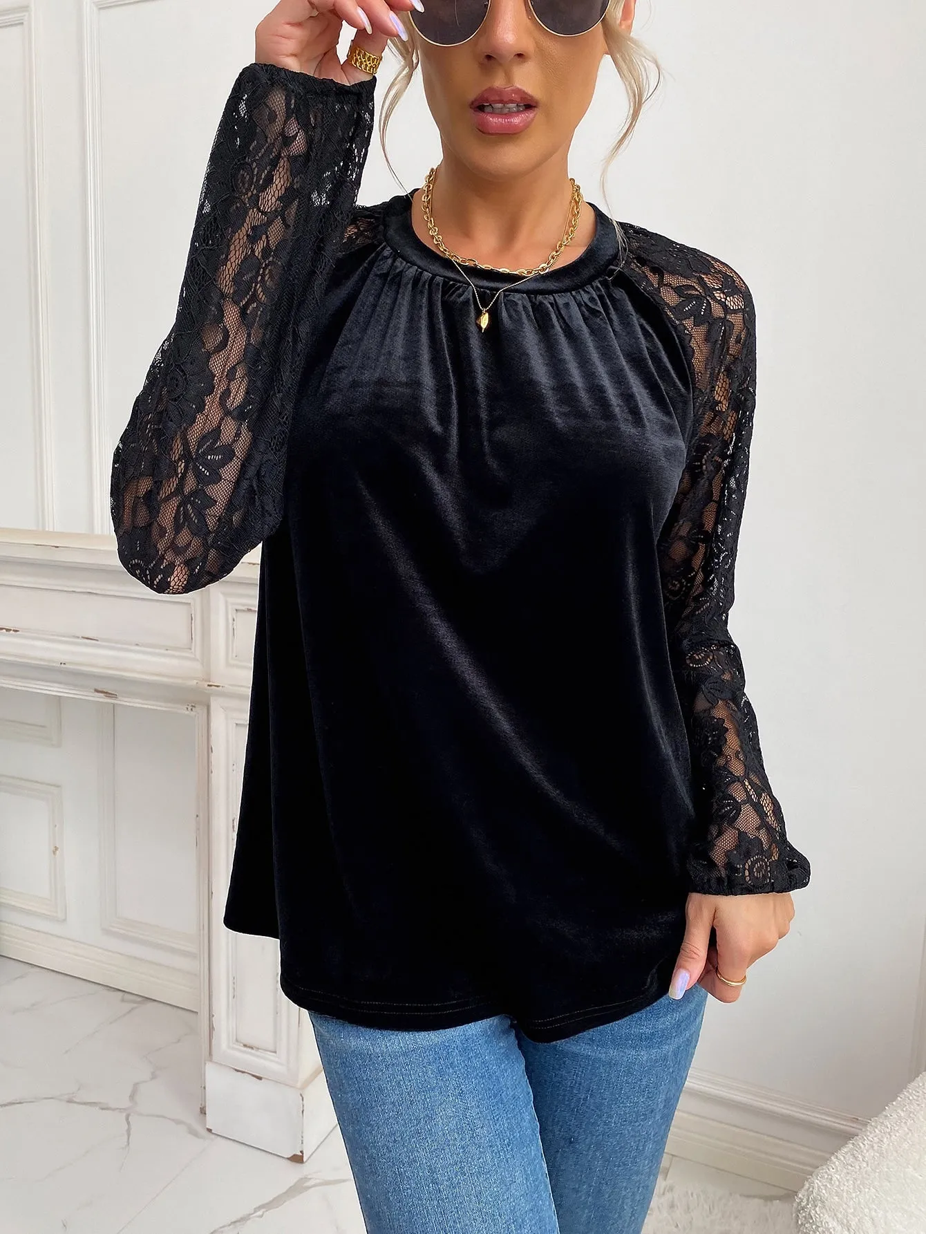 Elegant Plain Contrast Lace Long Sleeve Round Neck Semi-Sheer Regular Women Top