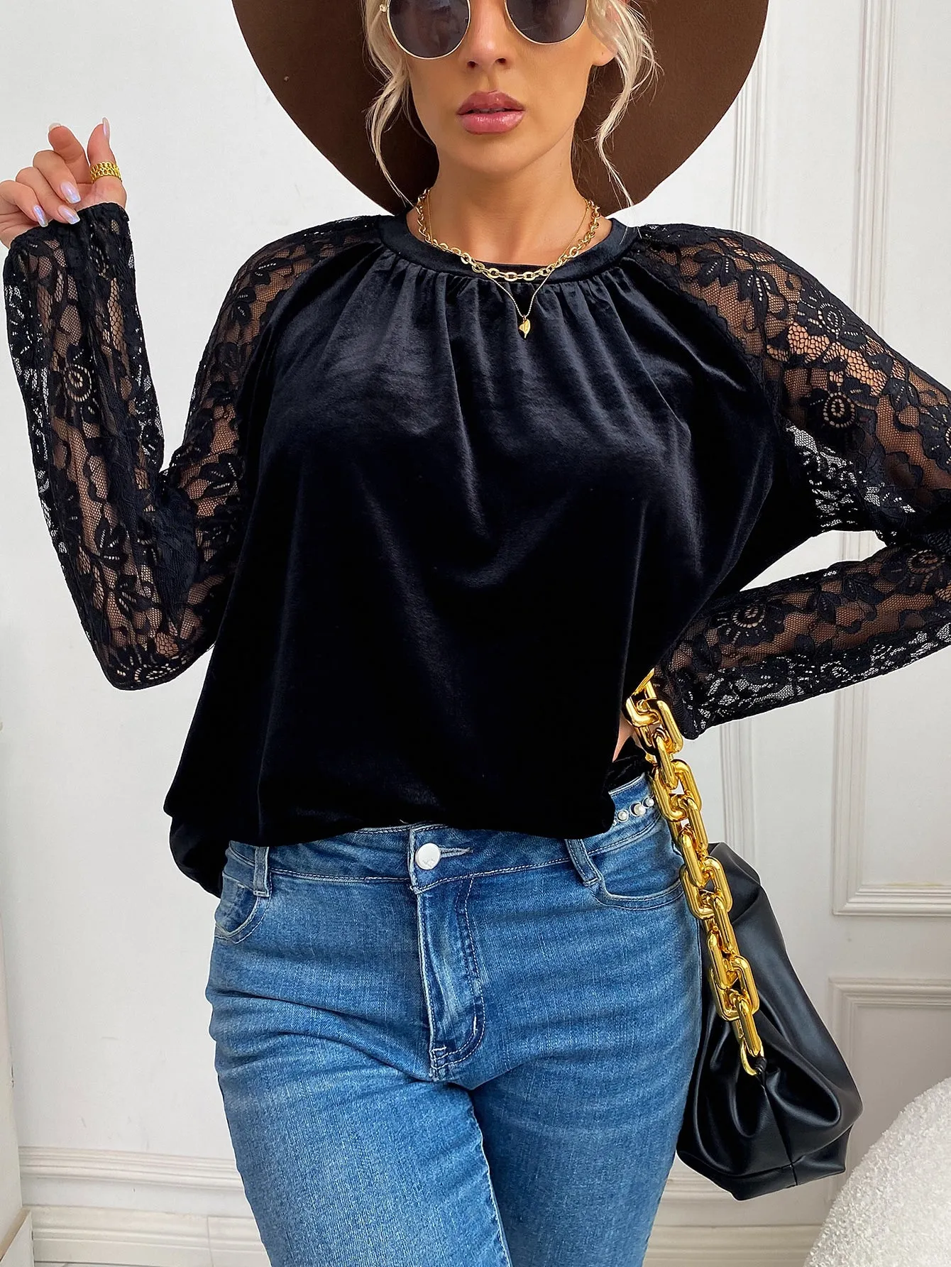 Elegant Plain Contrast Lace Long Sleeve Round Neck Semi-Sheer Regular Women Top
