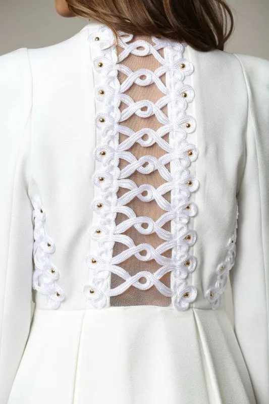 Elegant White Couture Ruffle Jacket with Back Lace Detailed