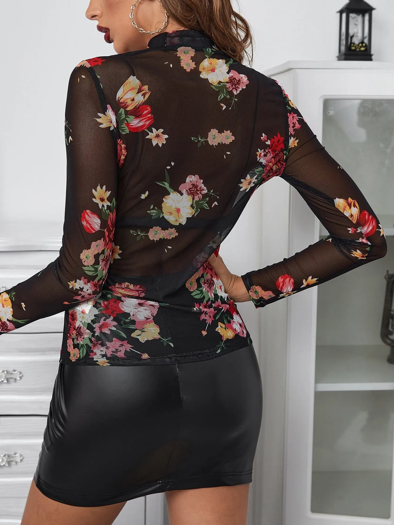 Floral Print Mock Neck Mesh Top Without Bra