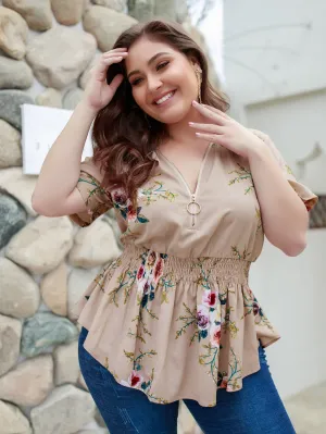 Floral Shirred Short Sleeve V Neck Regular Plus Size Blouse