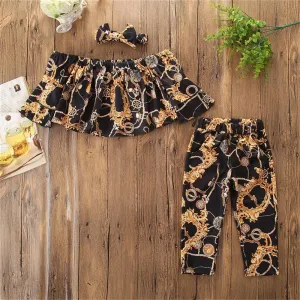 Girls Off Shoulder Stylish Top & Pants & Headband Wholesale Girls Clothing