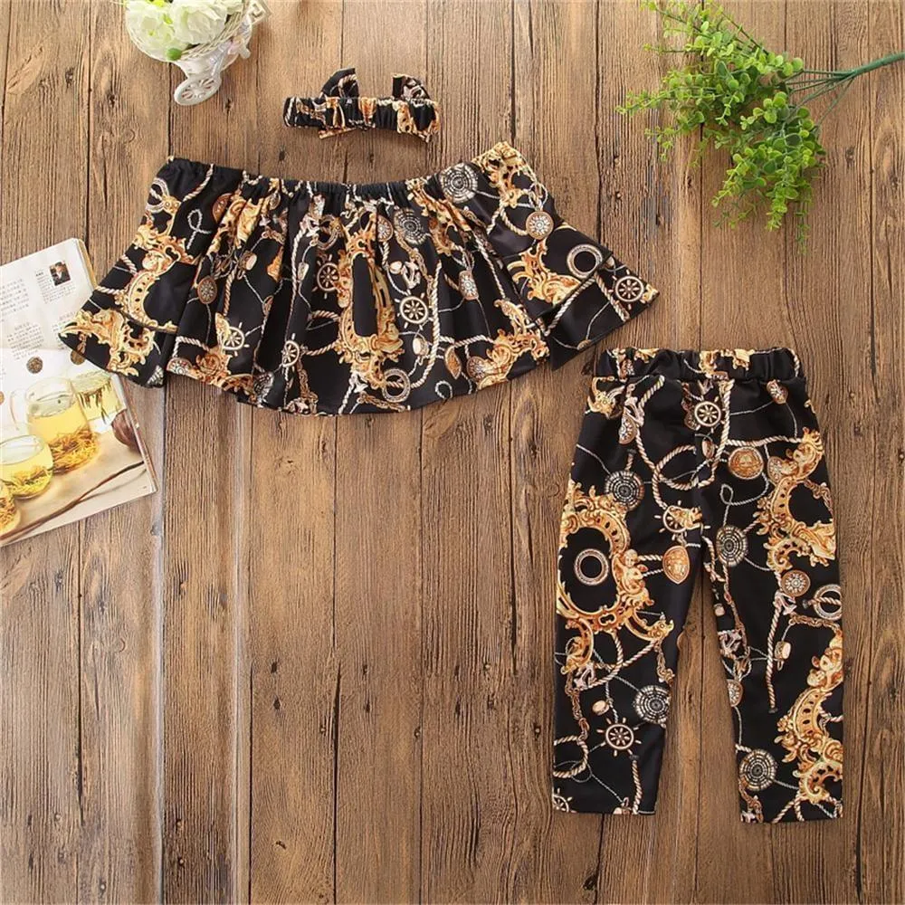 Girls Off Shoulder Stylish Top & Pants & Headband Wholesale Girls Clothing