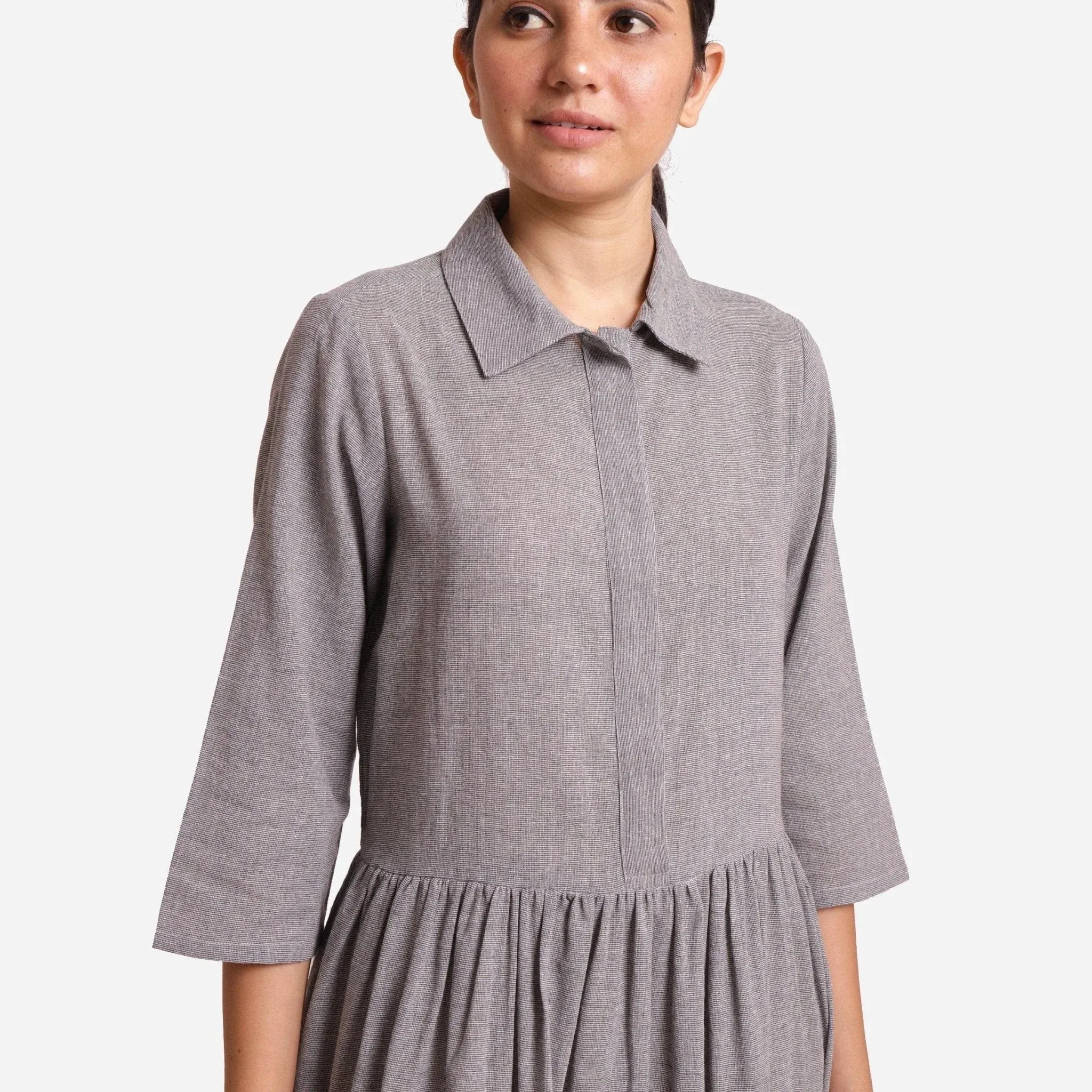 Grey Flat Collar Cotton Gathered Midi Dress