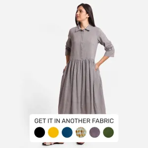 Grey Flat Collar Cotton Gathered Midi Dress