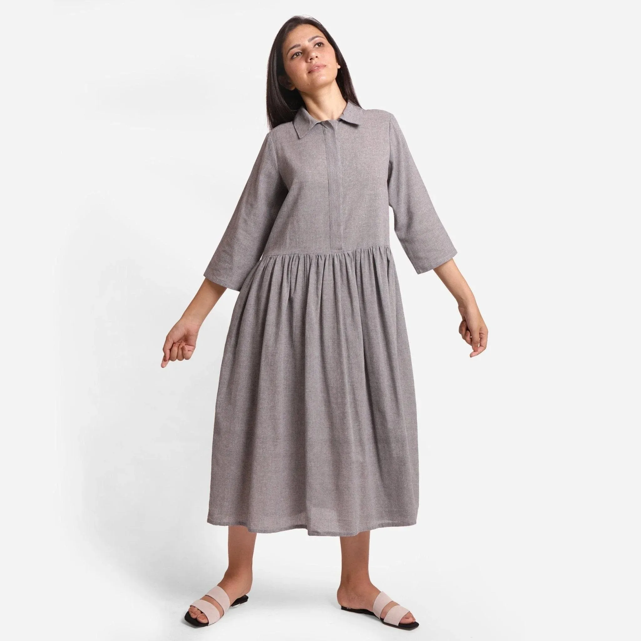 Grey Flat Collar Cotton Gathered Midi Dress