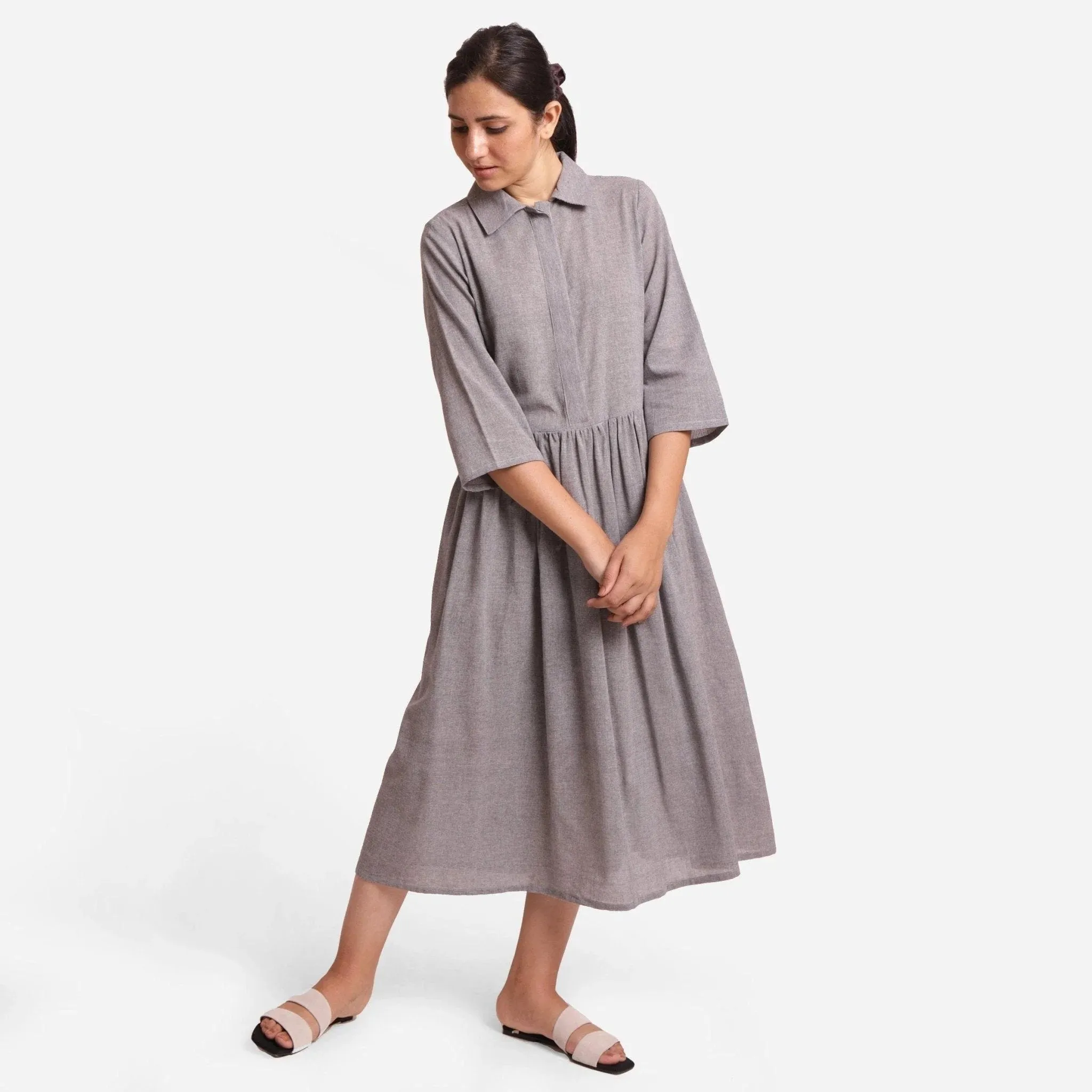 Grey Flat Collar Cotton Gathered Midi Dress