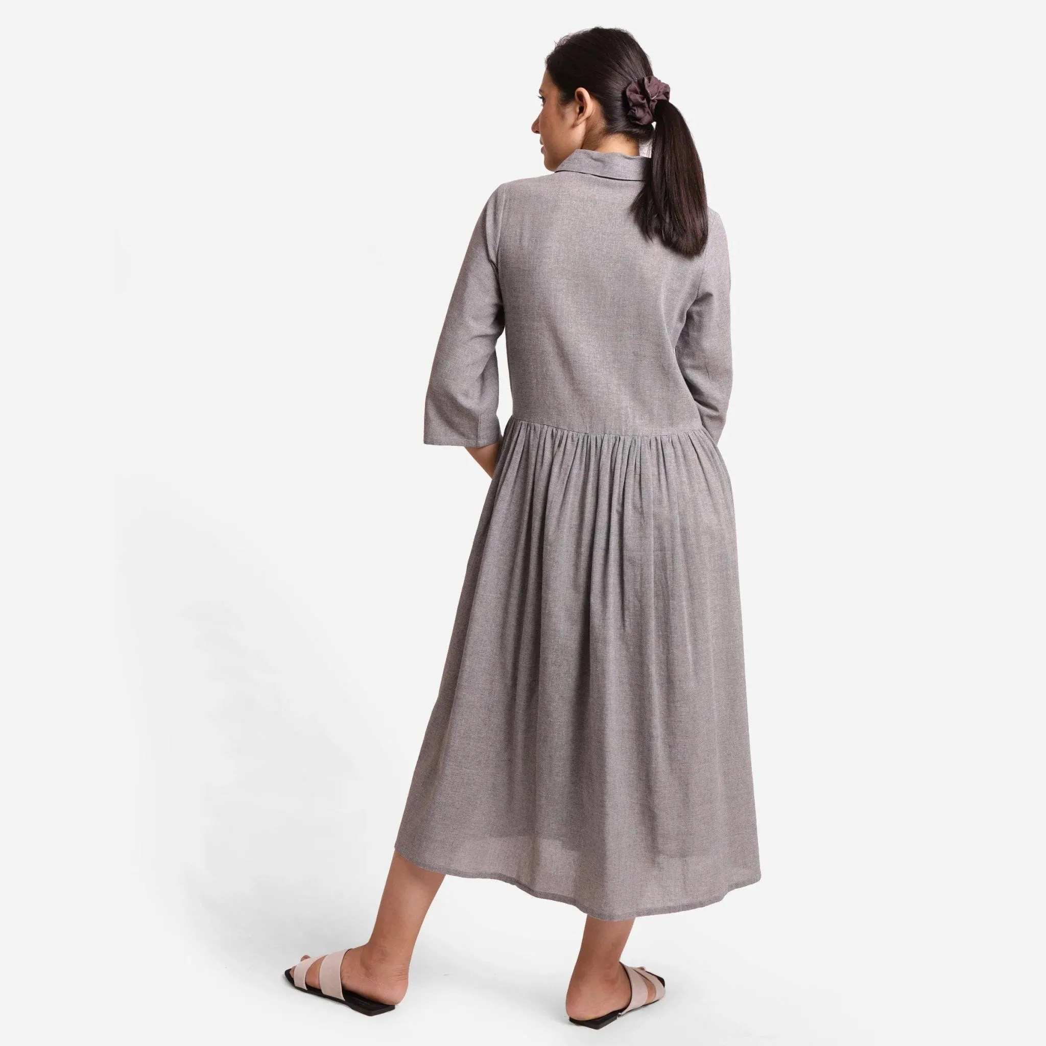 Grey Flat Collar Cotton Gathered Midi Dress