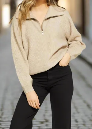 HEATHER FAWN HALF ZIP SWEATER